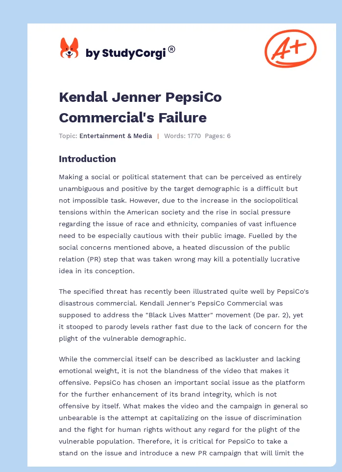 Kendal Jenner PepsiCo Commercial's Failure. Page 1
