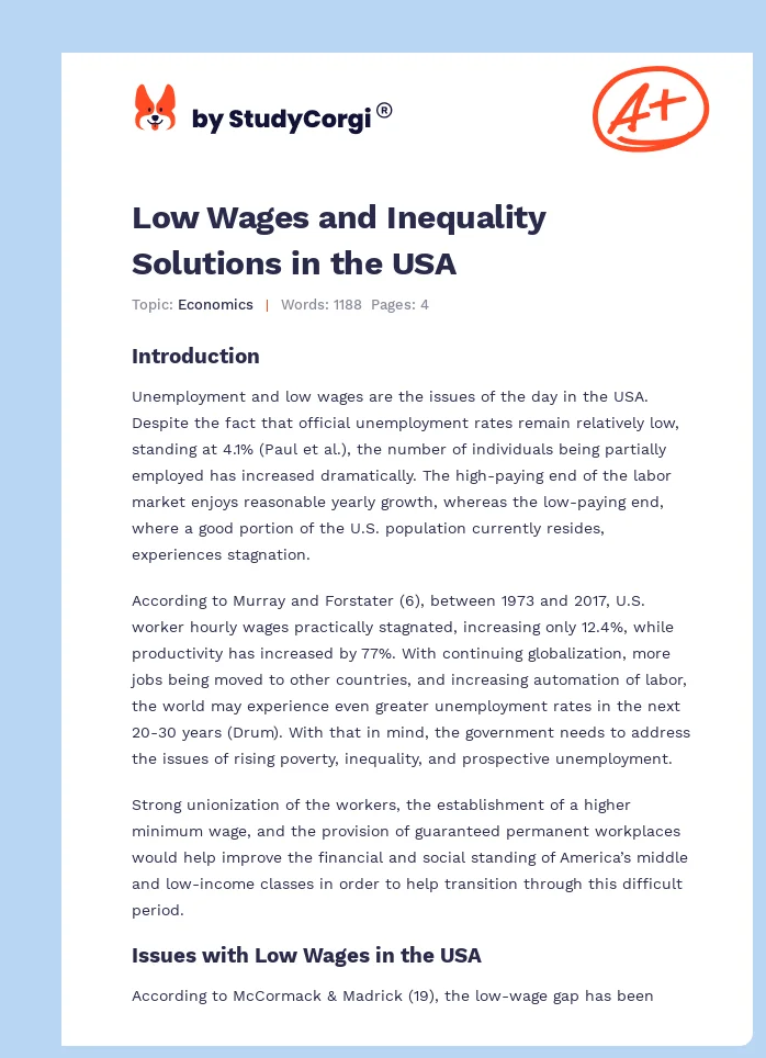 Low Wages and Inequality Solutions in the USA. Page 1