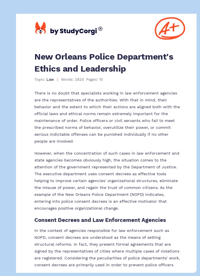 New Orleans Police Department's Ethics and Leadership. Page 1