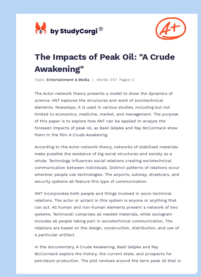 The Impacts of Peak Oil: "A Crude Awakening". Page 1