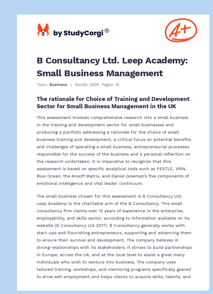 B Consultancy Ltd. Leep Academy: Small Business Management. Page 1