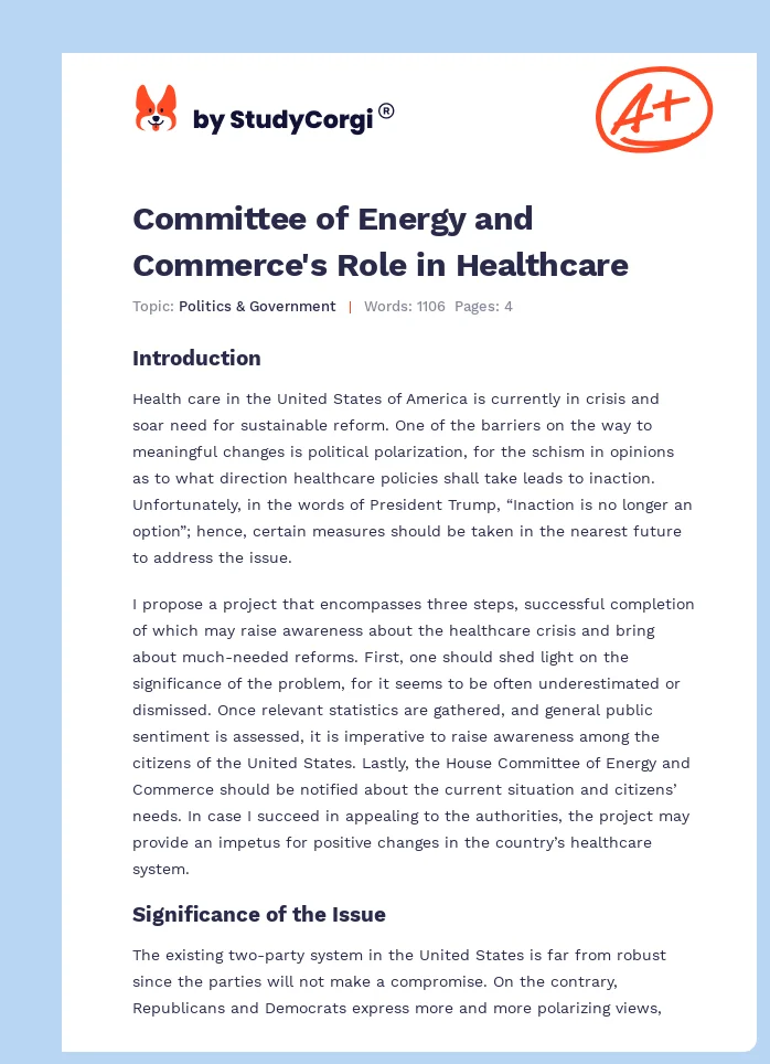 Committee of Energy and Commerce's Role in Healthcare. Page 1