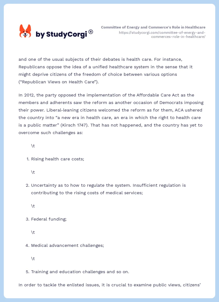 Committee of Energy and Commerce's Role in Healthcare. Page 2