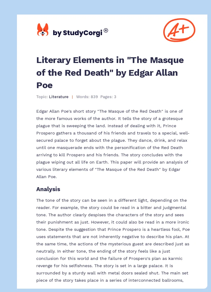 Literary Elements in "The Masque of the Red Death" by Edgar Allan Poe. Page 1