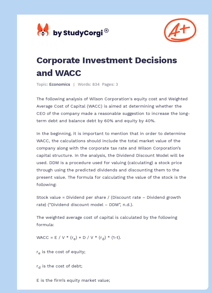 Corporate Investment Decisions and WACC. Page 1