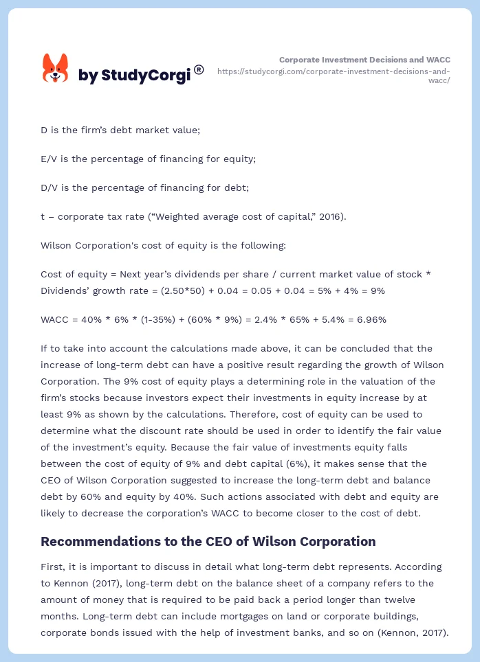Corporate Investment Decisions and WACC. Page 2