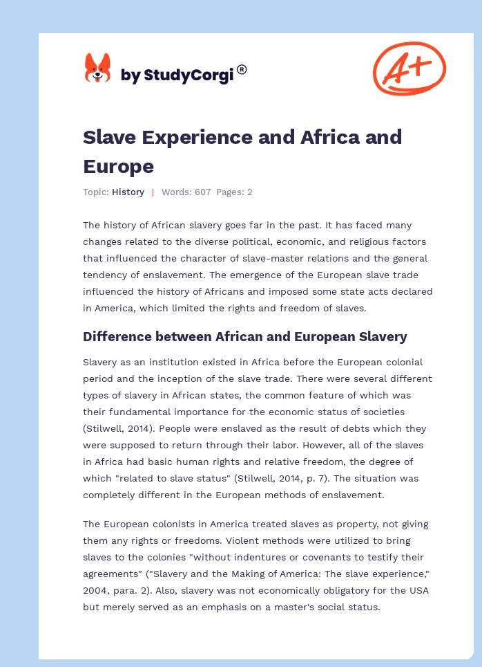 Slave Experience and Africa and Europe. Page 1