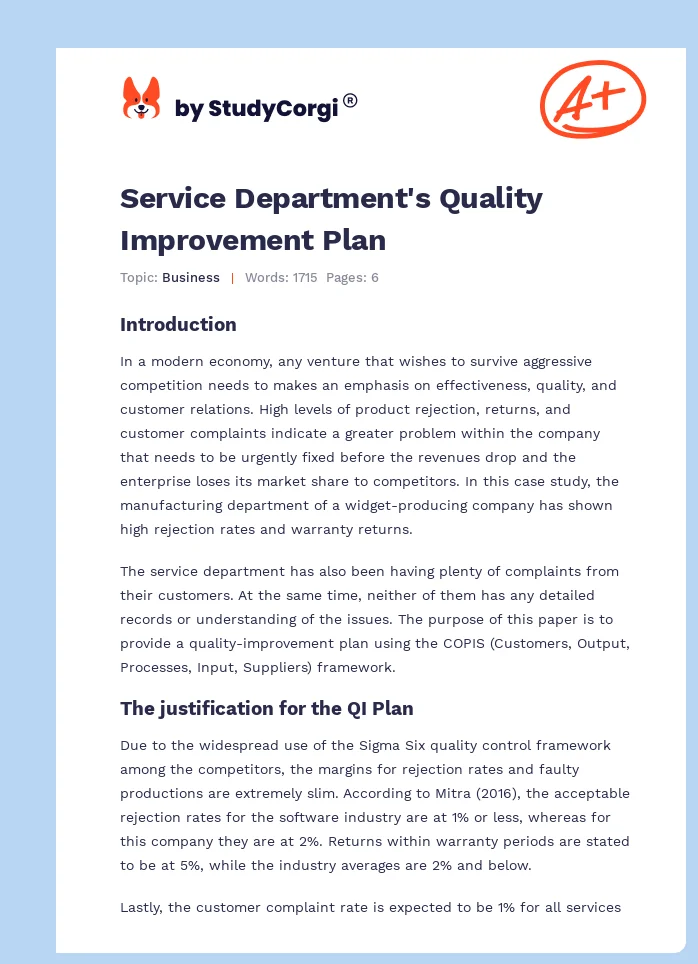 Service Department's Quality Improvement Plan. Page 1
