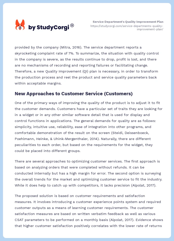 Service Department's Quality Improvement Plan. Page 2