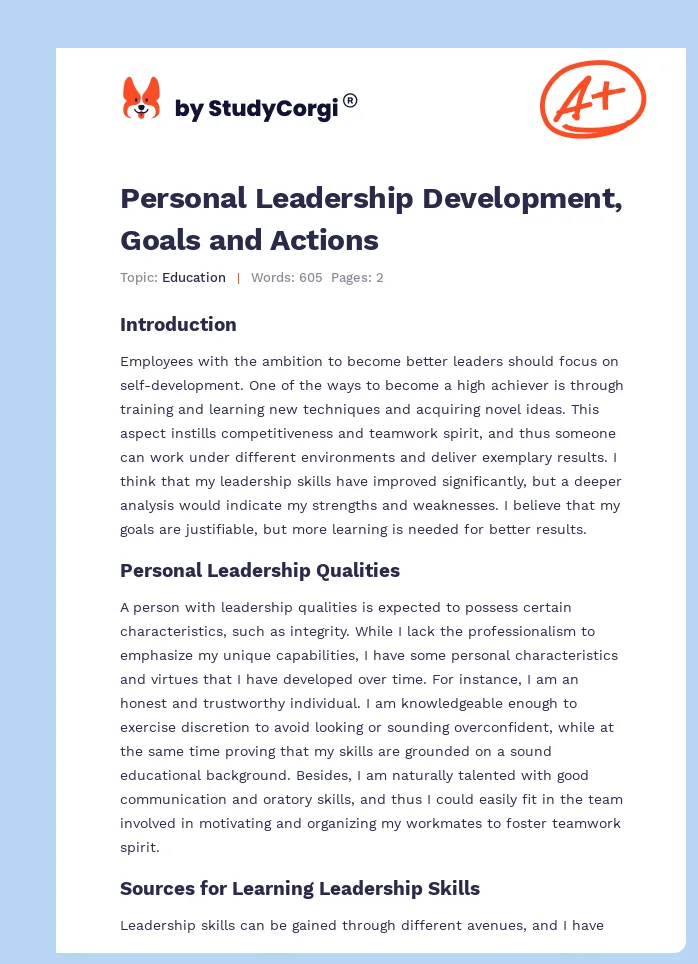 Personal Leadership Development, Goals and Actions. Page 1