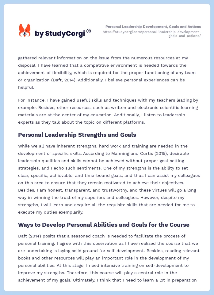 Personal Leadership Development, Goals and Actions. Page 2