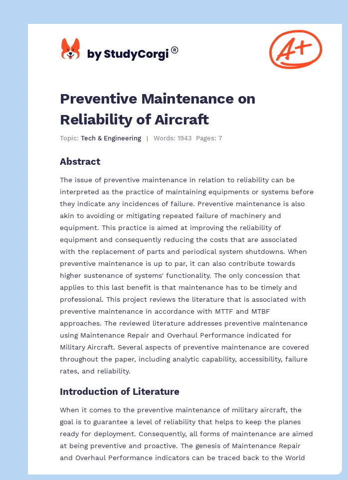 Preventive Maintenance on Reliability of Aircraft. Page 1