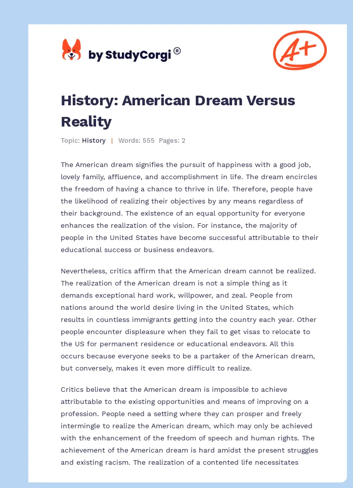 History: American Dream Versus Reality. Page 1