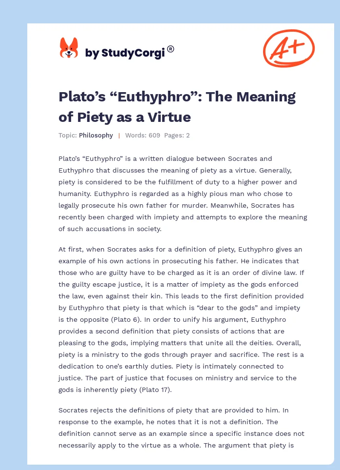 Plato’s “Euthyphro”: The Meaning of Piety as a Virtue. Page 1