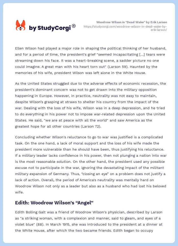 Woodrow Wilson in "Dead Wake" by Erik Larson. Page 2