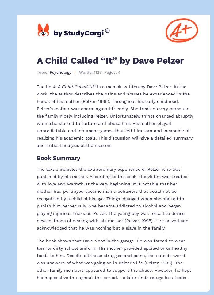 A Child Called “It” by Dave Pelzer. Page 1