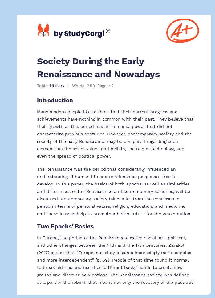 Society During the Early Renaissance and Nowadays. Page 1