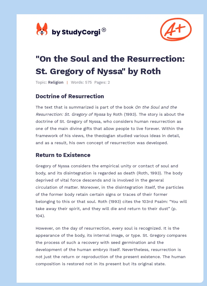 "On the Soul and the Resurrection: St. Gregory of Nyssa" by Roth. Page 1