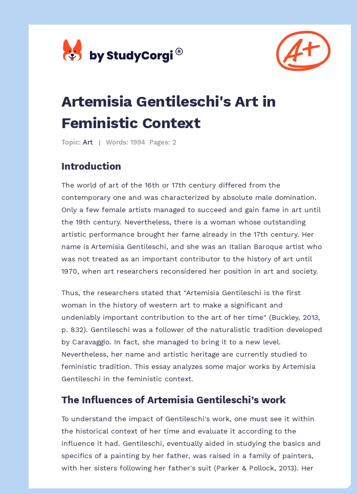 Artemisia Gentileschi's Art in Feministic Context. Page 1