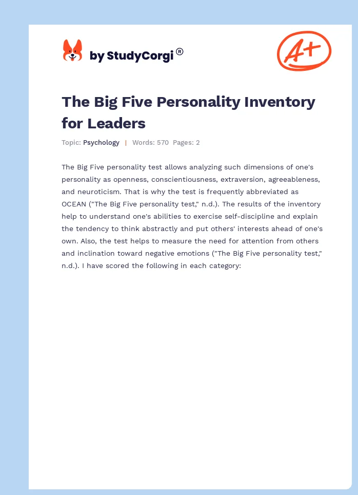 The Big Five Personality Inventory for Leaders. Page 1