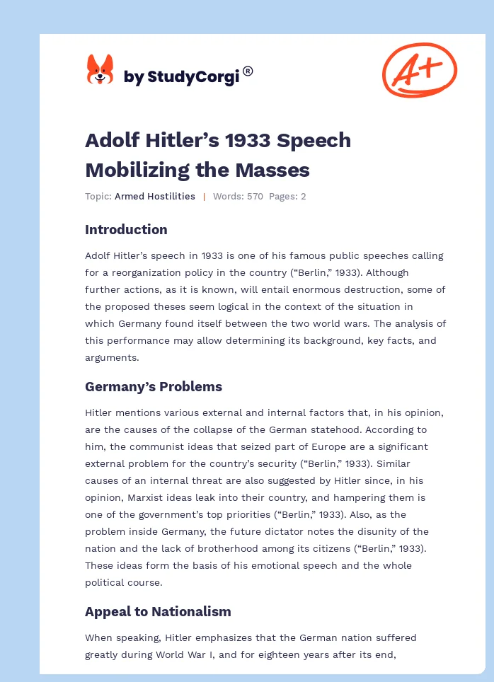 Adolf Hitler’s 1933 Speech Mobilizing the Masses. Page 1