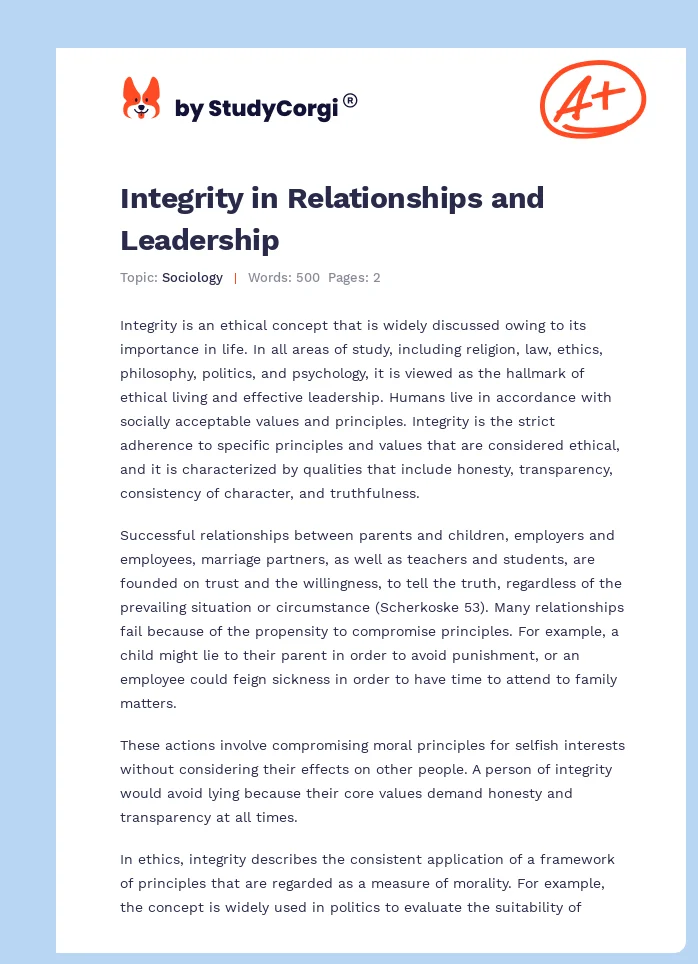 Integrity in Relationships and Leadership. Page 1