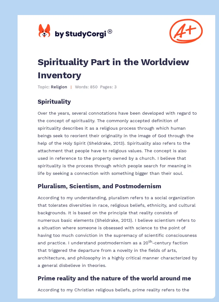 Spirituality Part in the Worldview Inventory. Page 1