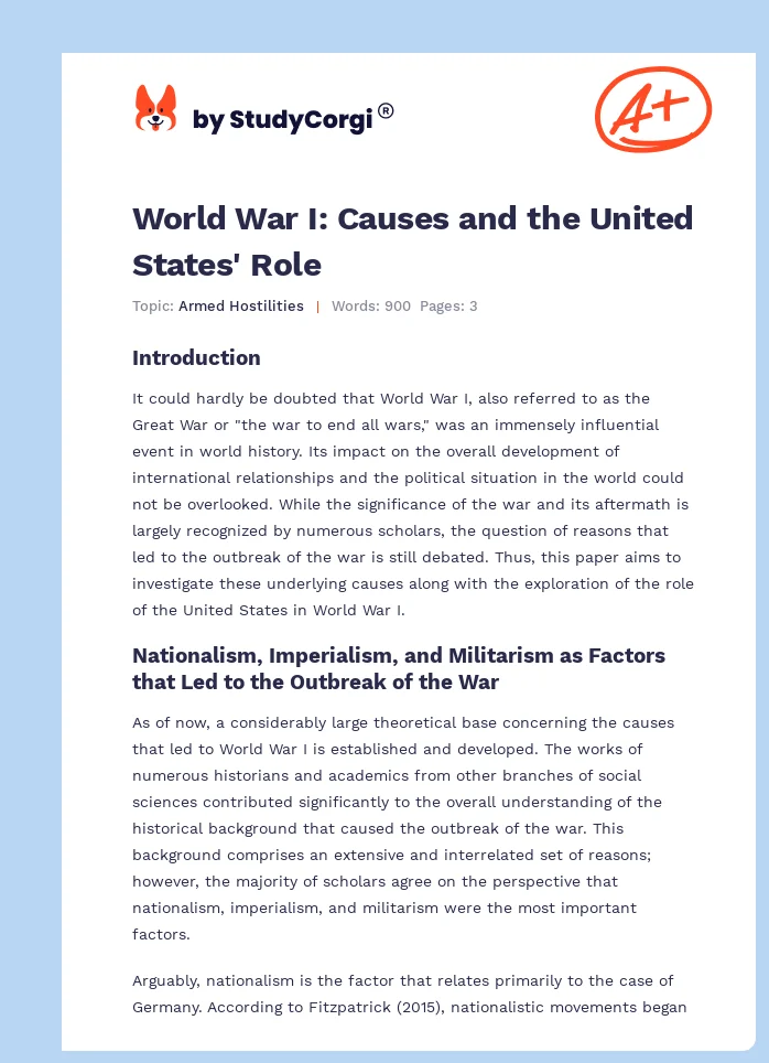World War I: Causes and the United States' Role. Page 1