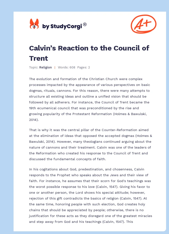 Calvin’s Reaction to the Council of Trent. Page 1