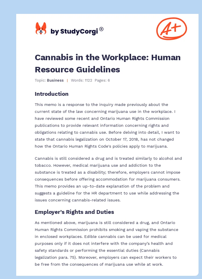 Cannabis in the Workplace: Human Resource Guidelines. Page 1