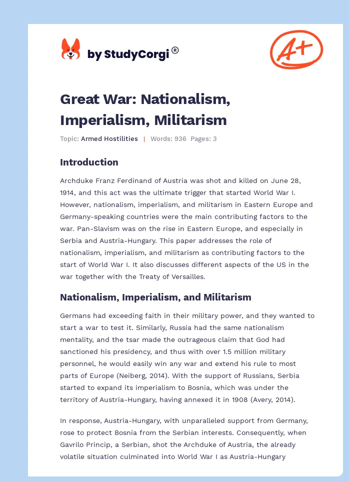 Great War: Nationalism, Imperialism, Militarism. Page 1