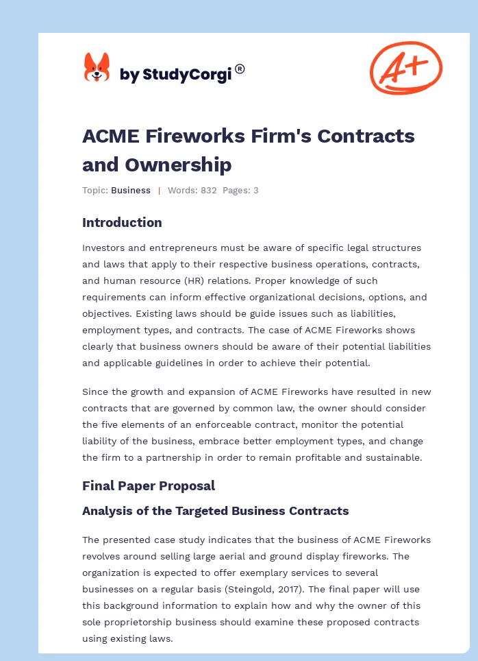ACME Fireworks Firm's Contracts and Ownership. Page 1