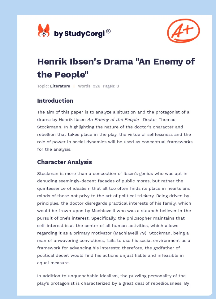 Henrik Ibsen's Drama "An Enemy of the People". Page 1