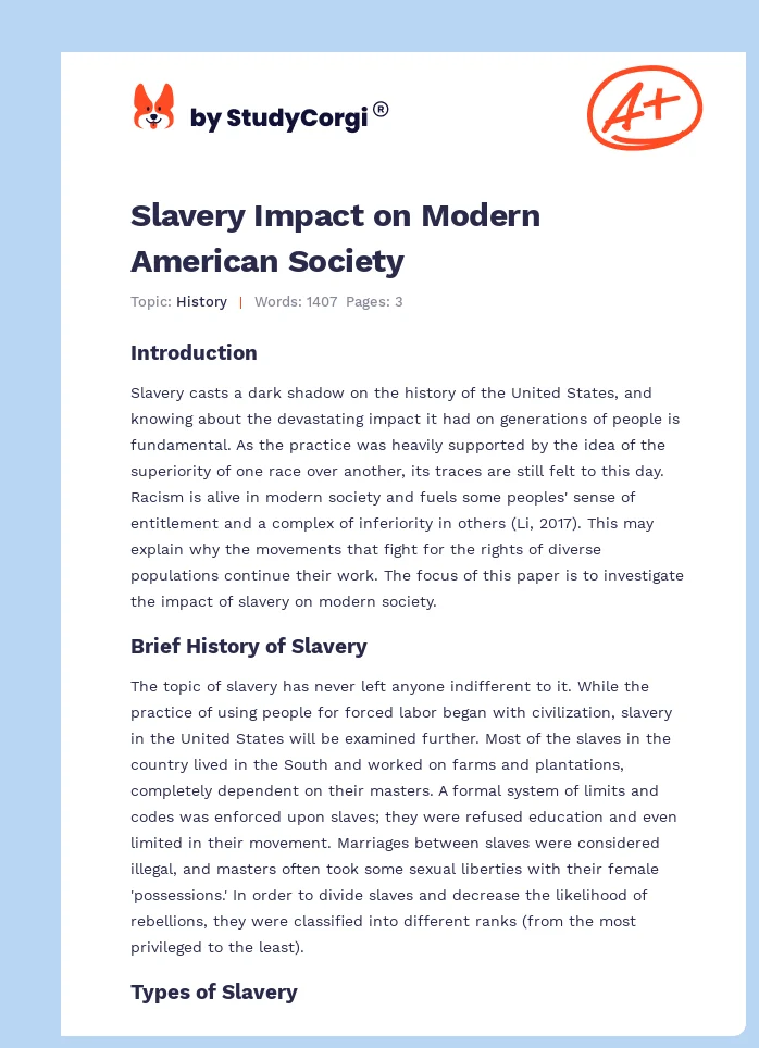 Slavery Impact on Modern American Society. Page 1