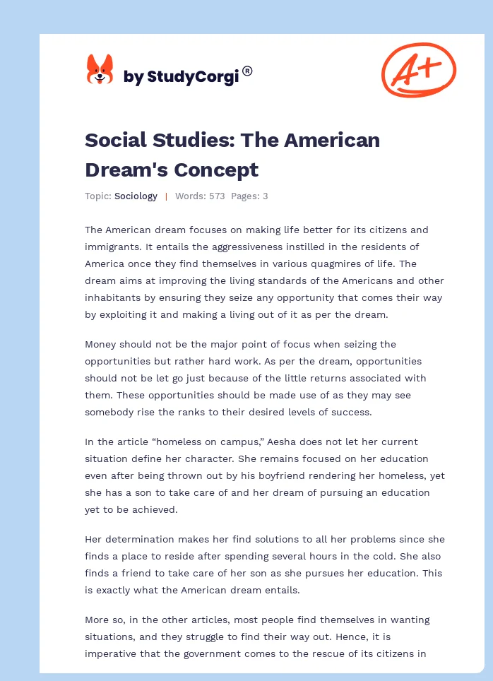 Social Studies: The American Dream's Concept. Page 1
