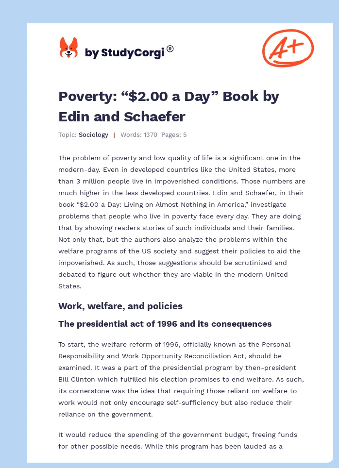 Poverty: “$2.00 a Day” Book by Edin and Schaefer. Page 1