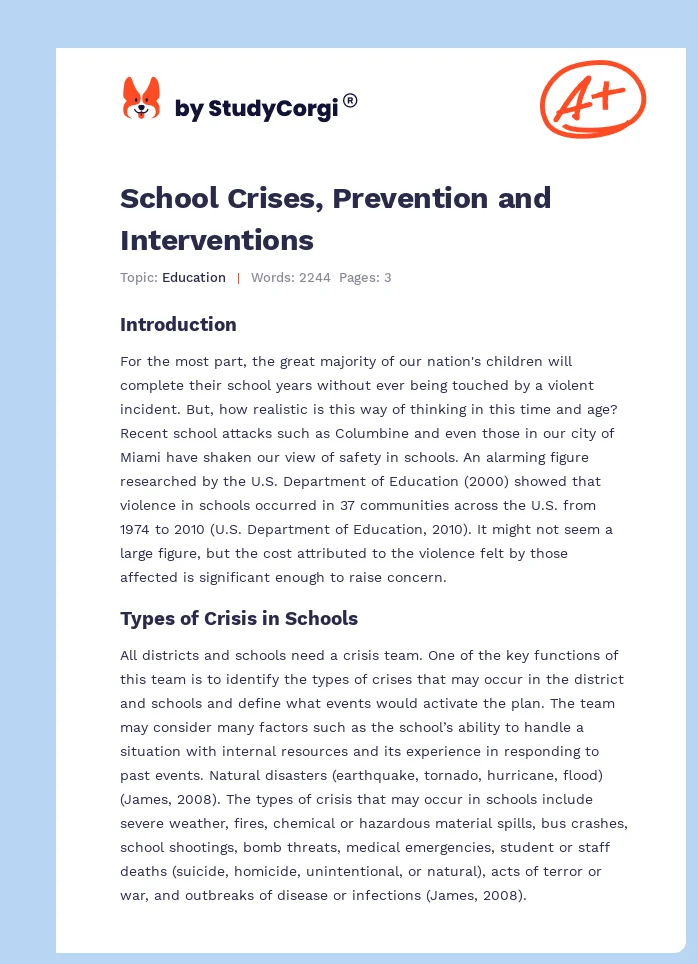 School Crises, Prevention and Interventions. Page 1