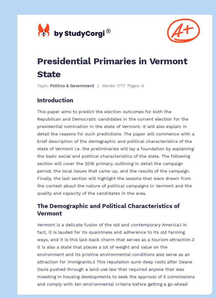 Presidential Primaries in Vermont State. Page 1