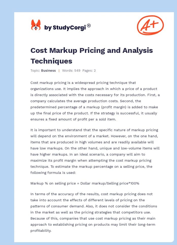 Cost Markup Pricing and Analysis Techniques. Page 1