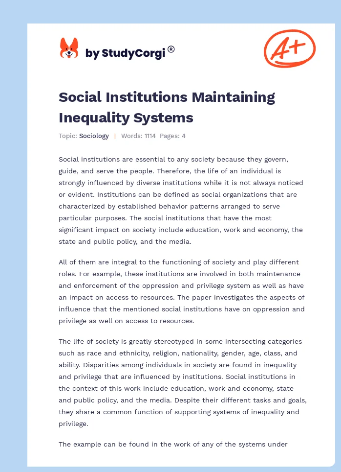 Social Institutions Maintaining Inequality Systems. Page 1