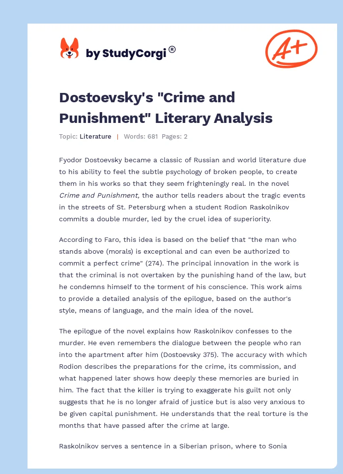Dostoevsky's "Crime and Punishment" Literary Analysis. Page 1