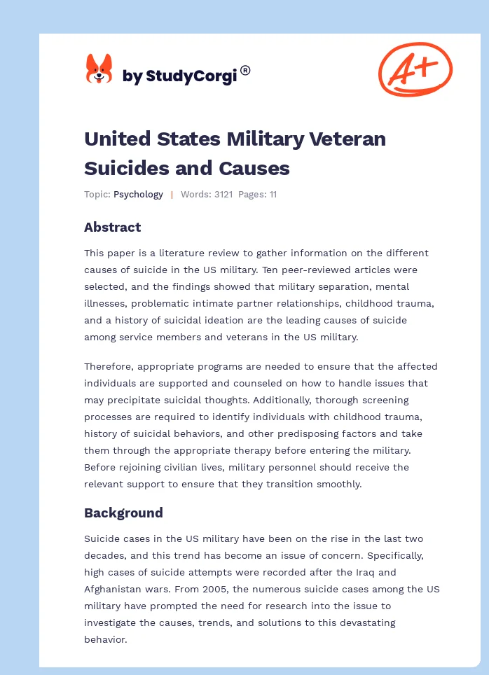 United States Military Veteran Suicides and Causes. Page 1