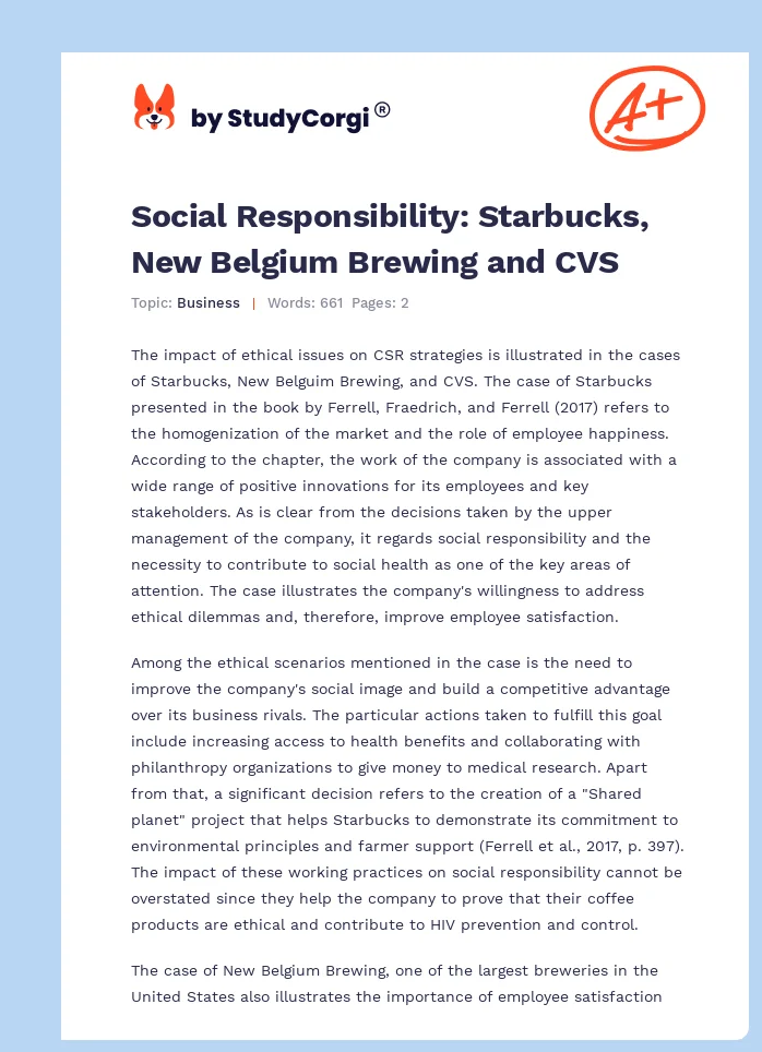 Social Responsibility: Starbucks, New Belgium Brewing and CVS. Page 1