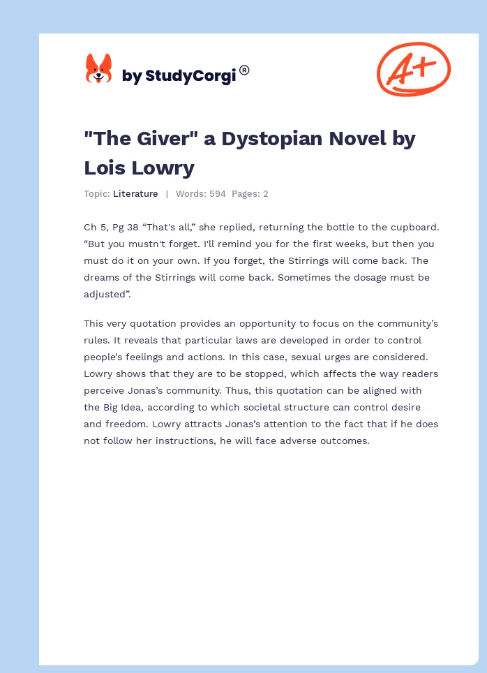 "The Giver" a Dystopian Novel by Lois Lowry. Page 1