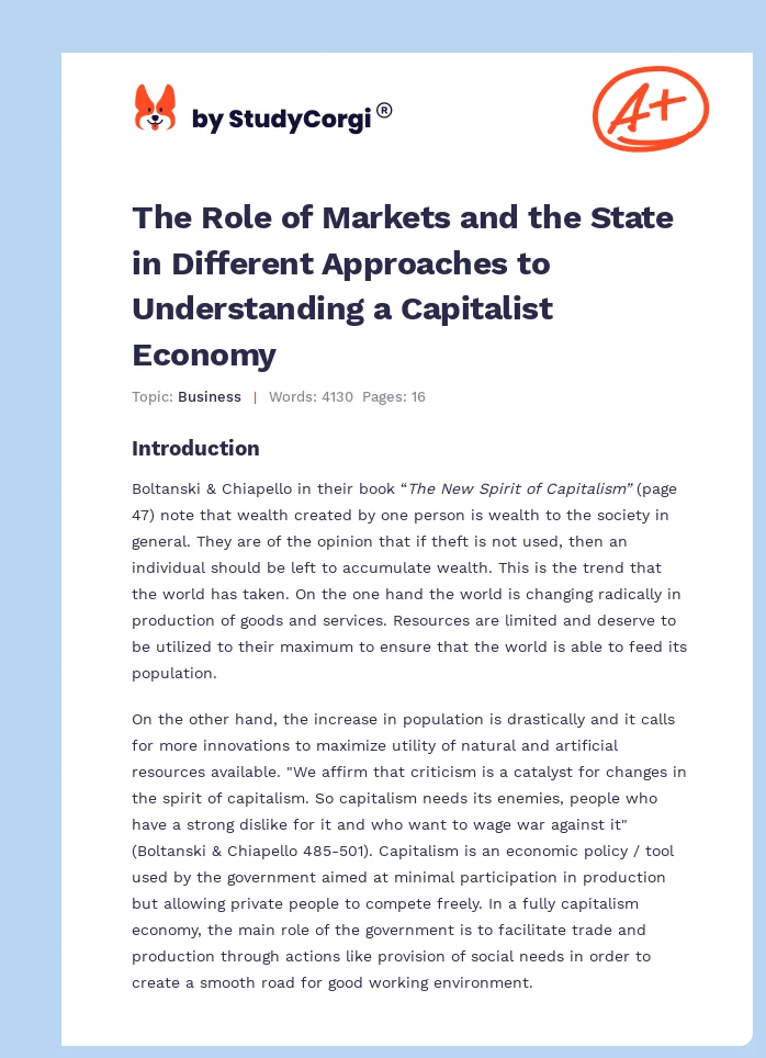 The Role of Markets and the State in Different Approaches to Understanding a Capitalist Economy. Page 1