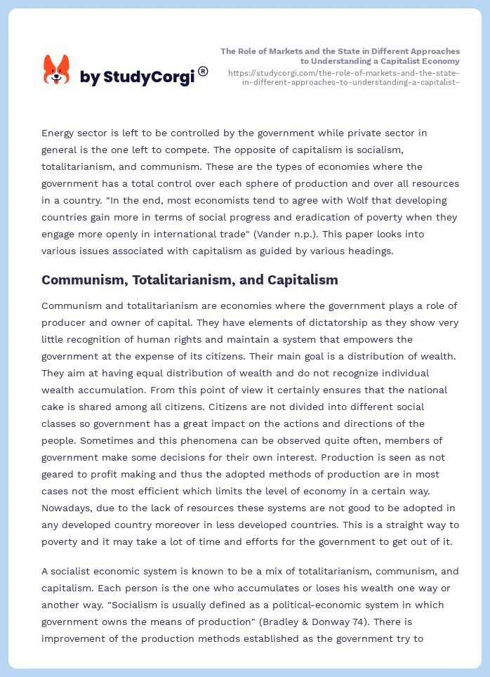 The Role of Markets and the State in Different Approaches to Understanding a Capitalist Economy. Page 2