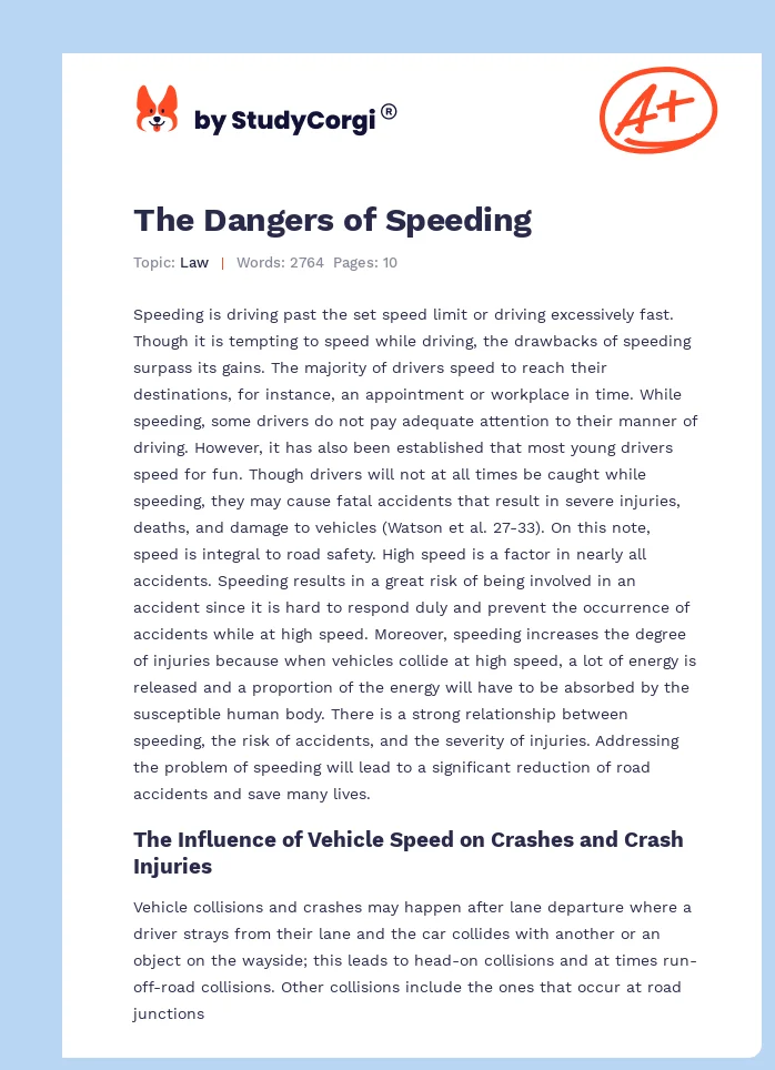The Dangers of Speeding. Page 1