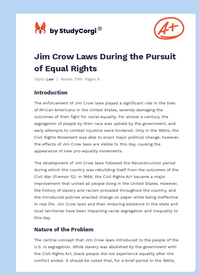 Jim Crow Laws During the Pursuit of Equal Rights. Page 1