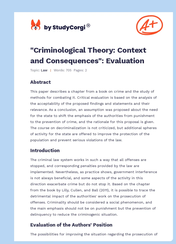"Criminological Theory: Context and Consequences": Evaluation. Page 1