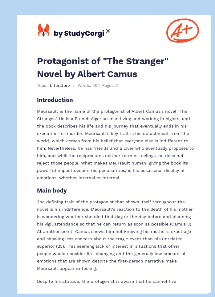 Protagonist of "The Stranger" Novel by Albert Camus. Page 1